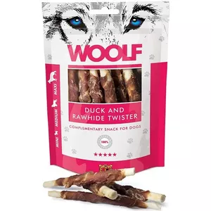 Suņu košļājamais WOOLF Duck Rawhide Twister 100 g — pīles garšas ādas vērpulis, olbaltumvielas 60%, mitrums 22%