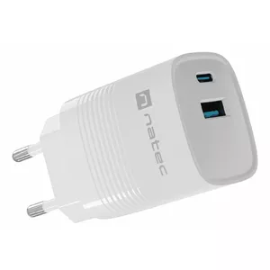 Wired mobile device charger NATEC NUC-2140, 30W, USB-C PD 3.0 + USB-A, Samsung AFC, White