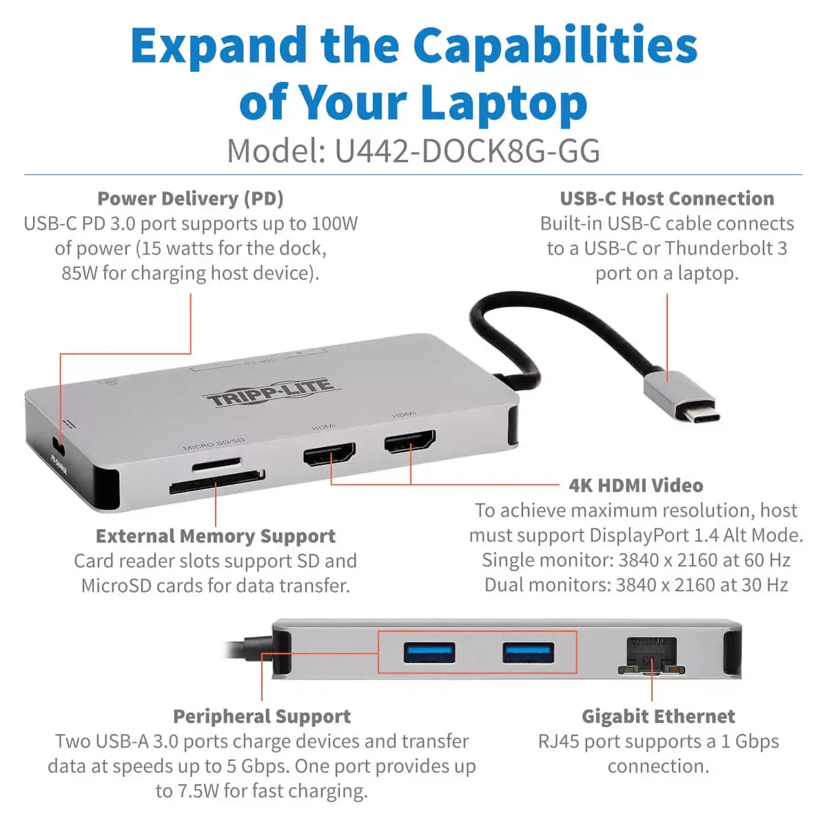 USB-C Док Tripp Lite U442-DOCK8G-GG Photo 7