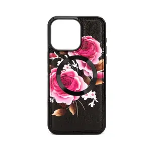 Leather zipper case Evelatus for iPhone 15 Pro — black, floral design