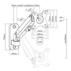 Wall monitor mount MACLEAN MC-458, gas spring adjustable height, single-screen, VESA 75x75–100x100, up to 7 kg, tilt -45°–90°, max reach 35.5 cm