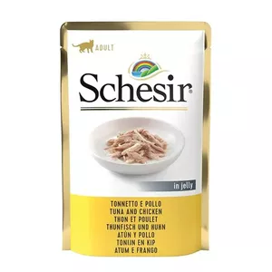 Mitrs kaķu barības Agras Pet Foods Schesir tuncis ar vistu želejā — 85 g, bez glutēna, 14% olbaltumvielu, 83,5% mitrums