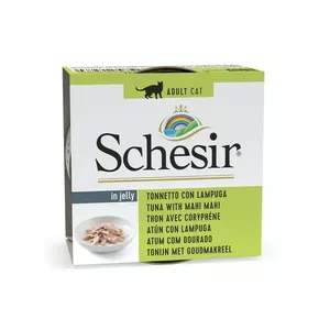 Mitrs kaķu barība Agras Pet Foods SCHESIR Tuncis ar mahi mahi želejā, 85 g kārbiņa, 12,5% olb., 1% tauki, 85% mitr.