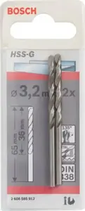 Сверло Bosch HSS-G спиральное 3,2 мм, цилиндрический хвостовик, длина 65 мм, набор 2 шт.