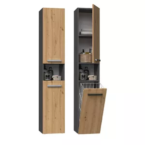 Vannas istabas uzglabāšanas skapītis top e shop NEL III ANT/ART — grafīts & ozols, brīvi stāvošs, 5 plaukti, 310×300×1740 mm