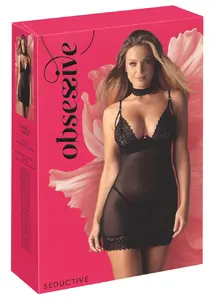 Negligee set Obsessive Donarella chemise, G-string and choker — size XL/2XL, black