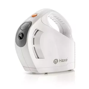 Piston nebuliser inhaler Haxe Galaxy — compact white unit, 0.4 ml/min, particle 0.5–6 µm, max fill 8 ml, includes adult & children masks