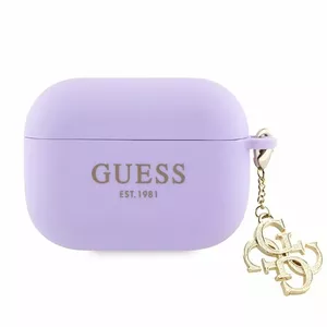 Silikona maciņš GUESS Apple AirPods Pro ar Classic logotipu un 4G piekariņu — zelta logotips, violets