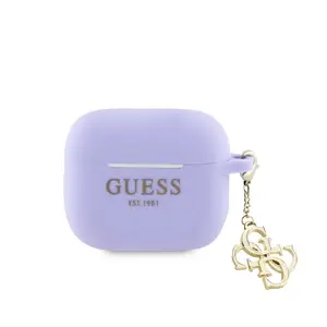 Silikona vāciņš AirPods, GUESS GUA3LECG4U — Classic Logo Gold ar violeta 4G piekariņu