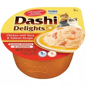 Mitrs kaķu gardums INABA Dashi Delights — vistas, tunča un laša bujons, 70 g paciņa, 88% mitruma, 11% olbaltumvielu