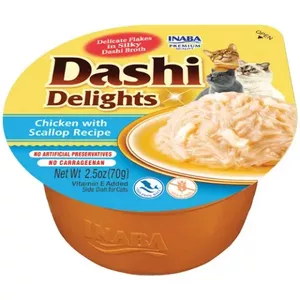 Влажные лакомства для кошек INABA Dashi Delights Chicken with Scallop в бульоне 70 г, влажность 86%, белок 11.2%