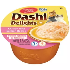 Влажные лакомства для кошек INABA Dashi Delights Курятина с лососем в бульоне 70 г — рыбное угощение, без зерна, без сои и глютена