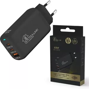 Charger Extralink CHARESL02 65W GaN with 2× USB-C and 1× USB-A ports