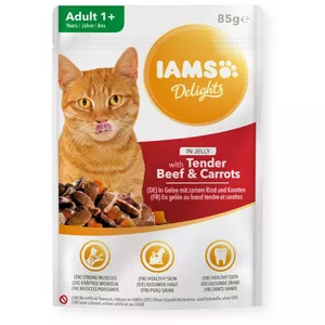 IAMS Delights Adult Liellopu gaļa ar burkāniem želejā - mitrā kaķu barība - 85g