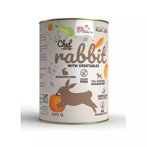 Svaigs mitrs barības konservs suņiem SYTA MICHA Chef Rabbit ar dārzeņiem 400 g — krūmāja garša, 85% mitrums, 7.6% olbaltumvielu, can