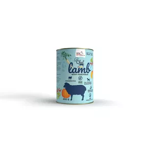 Mitrs suņu barības SYTA MICHA Chef Junior Jērs ar dārzeņiem 400 g — junioriem, kārbiņa, jērs, mitrums 82,2%