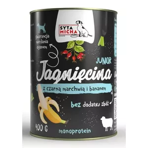 Mitrs barības produkts suņiem SYTA MICHA Junior Lamb Black Carrot Banana 400 g, kanna, 10% olbaltumvielu, 77,6% mitruma