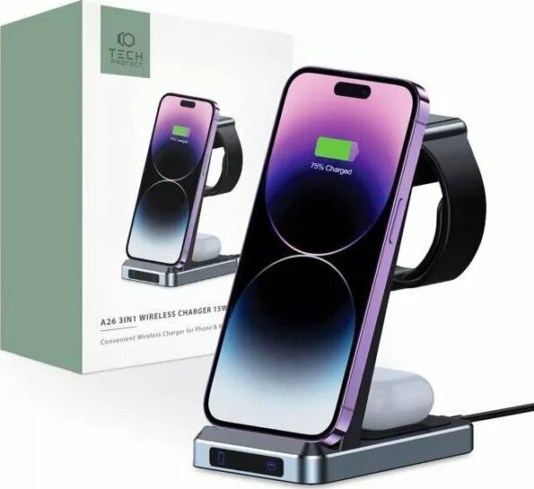 Bezvadu lādētājs Tech-Protect QI15W-A26 3in1 Melns