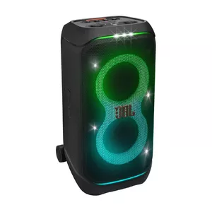 JBL PartyBox Stage 320 - Portable party speaker with telescopic handle & wide, sturdy Wheels, Powerful JBL Pro Sound, Futuristic lightshow, Up to 18 hours of play time, Splash proof (Black)