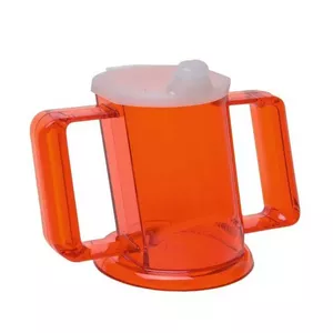 Mug SUNDO 21253 — ergonomic 250 ml cup for disabled persons, red, spill-reduction design, with lid, dishwasher-safe (2 handles)