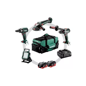 Cordless combo kit Metabo 685209000 — angle grinder 10,000 RPM (M14), combi drill 130 N·m, impact wrench 400 N·m, worklight 4,000 lm