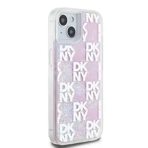 Жесткий чехол DKNY для iPhone 15/14/13 6.1" — розовый с жидкими блёстками и многологотипом