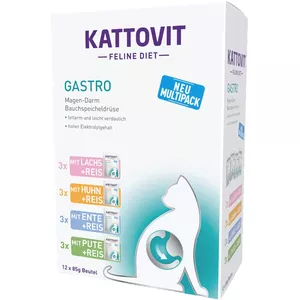 Mitrā kaķu barība KATTOVIT Gastro Multipack pieaugušiem 12×85 g maisiņi — vistas/ērgļu/riž/lasis/turcija, gremošanas atbalstam