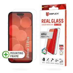 Displex Screen Protector and Case for Apple iPhone 15 Plus with Eco Mounting Frame, Transparent Tempered Glass, Scratch and Impact Resistant
