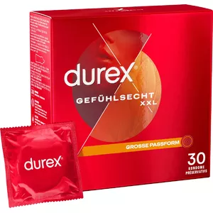 Male condom Durex Gefühlsecht XXL Smooth Transparent, extra large 30 pcs, 220 mm length, 60 mm nominal width
