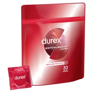 Male condom Durex Gefühlsecht Ultra, natural rubber latex, smooth, transparent, 30 pcs, 205 mm length, 54 mm nominal width