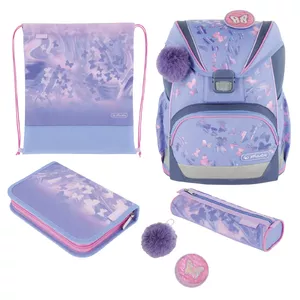 Mācību soma komplekts HERLITZ UltraLight Plus Butterfly Paradise — poliesters, 280×210×360 mm, meitenēm, komplektā zīmuļu futlāris un sporta soma