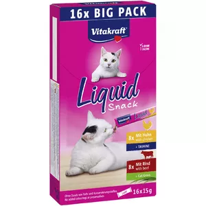 Пастообразное лакомство для кошек Vitakraft VITAKRAFT Liquid Snack 16 x 15 г — говядина и курица, 240 г, без консервантов