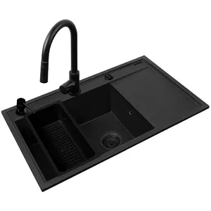 Комплект кухонной мойки PYRAMIS CAMEA 79x50 1B 1D L с смесителем IDEA BLACK EDITION, гранит, 79×50×19 см, 1 чаша 49×38×19 см