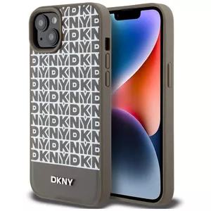 Leather hardcase for iPhone 15/14/13 by DKNY, brown printed pattern, model DKHMP15SPSOSPW