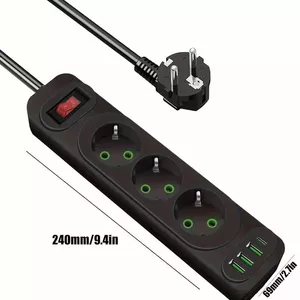 Riff F23U 2m pagarinātājs ar 3 Ligzdām + 3 USB + 1 USB-C un On/Off Pogu Melns