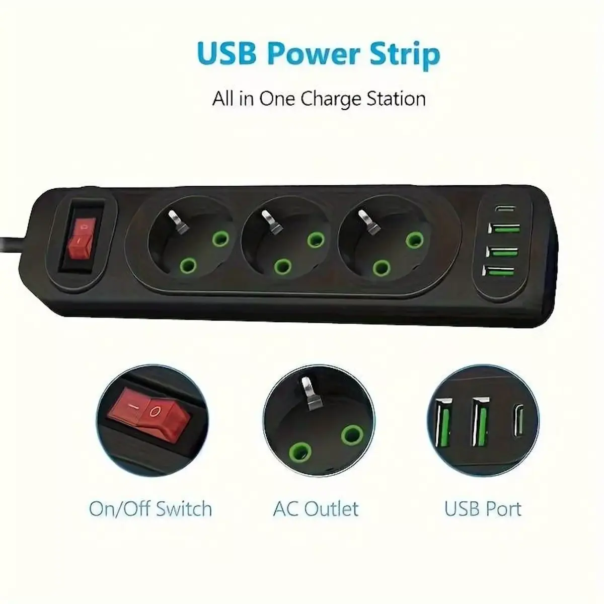 Удлинитель Riff RF-F23U — 3 розетки, 3 USB-A, 1 USB-C Photo 3