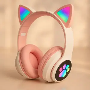 Austiņas Riff VIV-23M Bluetooth austiņas ar mikrofonu + LED kaķa austiņas rozā