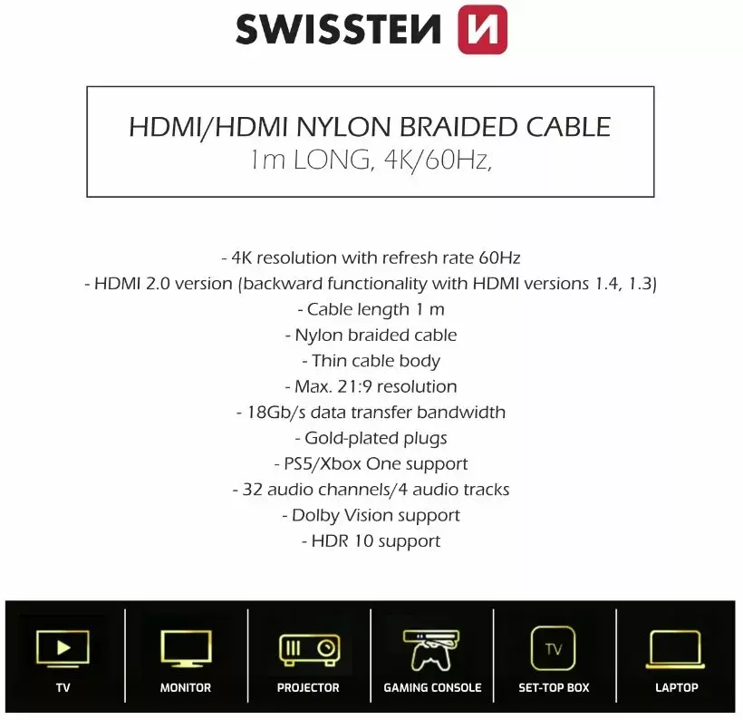 HDMI kabelis SWISSTEN 75501101 — 1 m 4K Photo 3