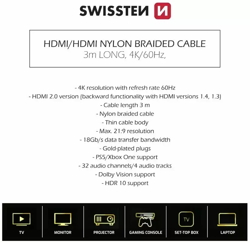HDMI uz HDMI 4K kabelis SWISSTEN 3 m Photo 3