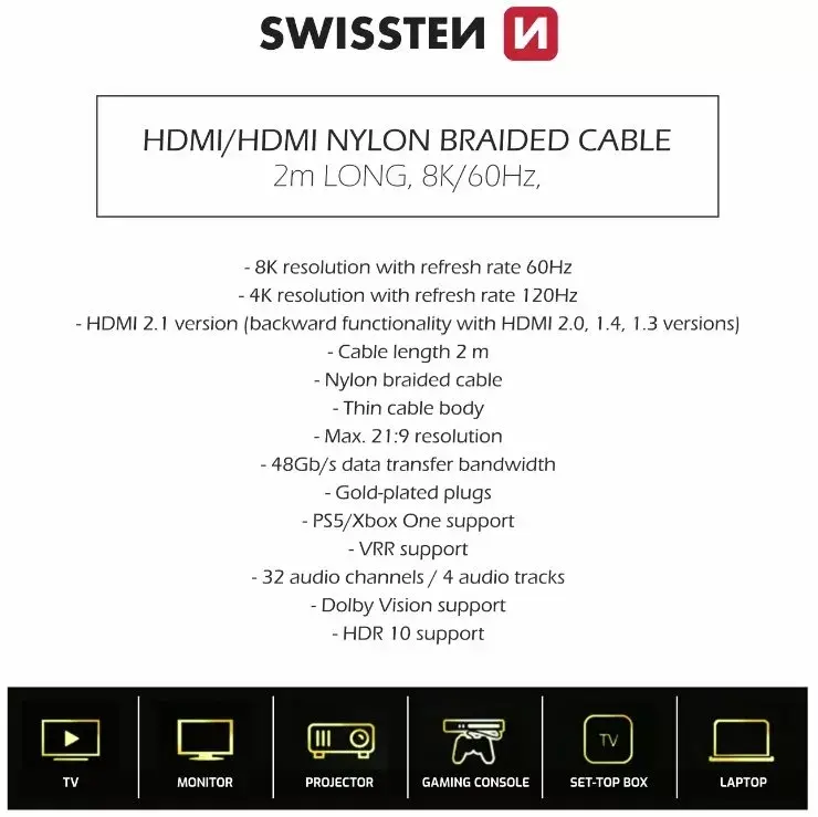 HDMI kabelis SWISSTEN 75501201 — 8K, 2 m Photo 3