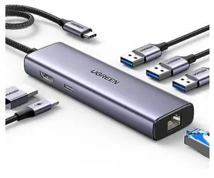 Ugreen 15598 USB-C Interface Hub with HDMI, Gigabit Ethernet, and USB 3.2 Gen 1 5000 Mbit/s Data Transfer Rate in Silver