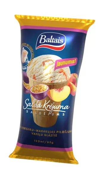 Baltais Krējuma saldējums ar persiku-marakujas pildījumu