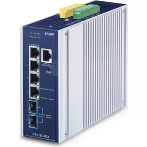 Industrial L3 Managed Switch PLANET IGS-6325-4T2X — 4× 2.5G RJ‑45, 2× SFP+, 9–48V DC, aluminium/blue
