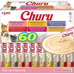Wet cat treats INABA Churu Variety Box — tuna, 60 × 14 g paste tubes, grain-free, gluten-free