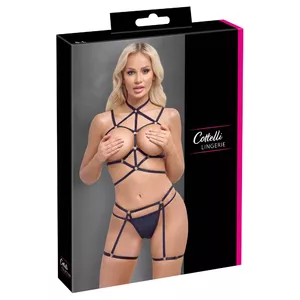 Bondažas komplekts Cottelli Collection S-L — 3 daļu krūšu un gurnu josta ar regulējamām elastīgajām siksnām, gredzeniem, stringi, melns
