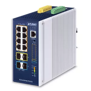 PLANET IP30 DIN-rail Industrial L3 Managed Gigabit Ethernet (10/100/1000) Power over Ethernet (PoE) Blue, Grey