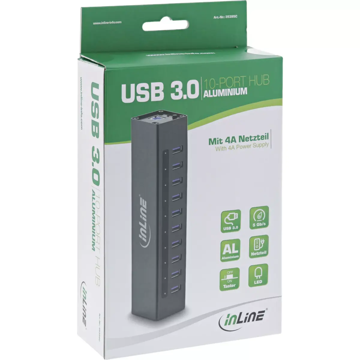USB Хаб InLine 10 Портов Алюминиевый Корпус Черный Photo 3