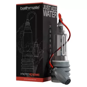 Ūdens vakuuma sūknis Bathmate HydroXtreme8 — caurspīdīgs cilindrs, paredzēts erekcijas garumiem 15–20 cm, ar bumbu sūkni un piederumiem