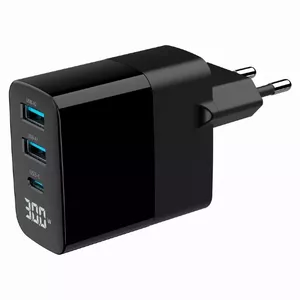 Сетевое зарядное устройство GEMBIRD TA-UC-PDQC30LCD-BK-02 — 30 Вт USB‑C PD, QC3.0, 2x USB‑A, ЖК‑дисплей, 3 порта (чёрный)
