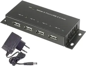 USB-хаб Renkforce 1610328 — 4 порта USB 2.0, металлический корпус, настенный монтаж, чёрный